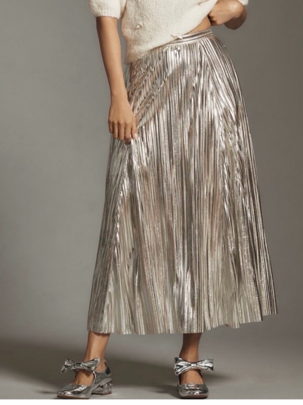 Anthropologie Metallic Pleated Maxi Skirt - Silver